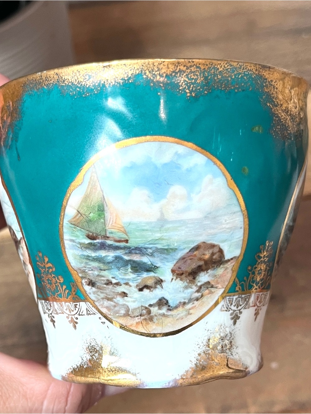Antique 1909 Three Crown China Germany Porcelain Mustache Cup Teal Gold Nautical - Picture 5 of 8